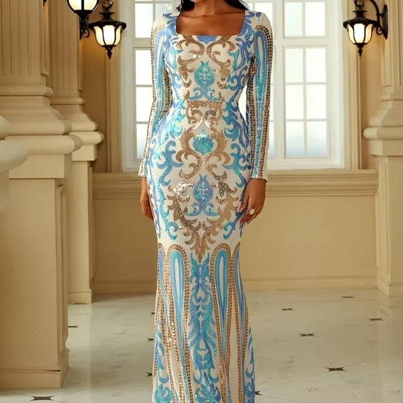 Blue, Baroque Print, Long Sleeved, Square Neck, Mermaid Gown for Specia… - Picture 9 of 10